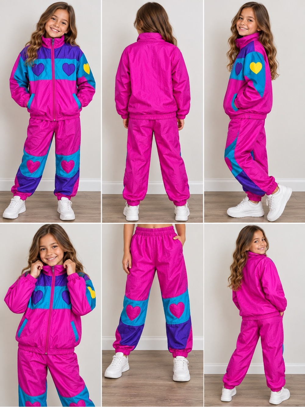 Vintage 80s 90s Pro Spirit Kids Heart Colorblock Tracksuit Windbreaker Pants Set